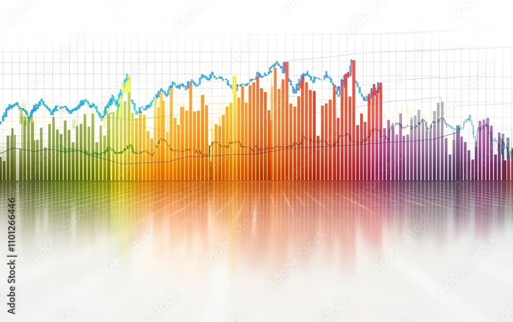 Poster vivid financial chart design with candlestick bars, smooth colorful index lines, highresolution whit