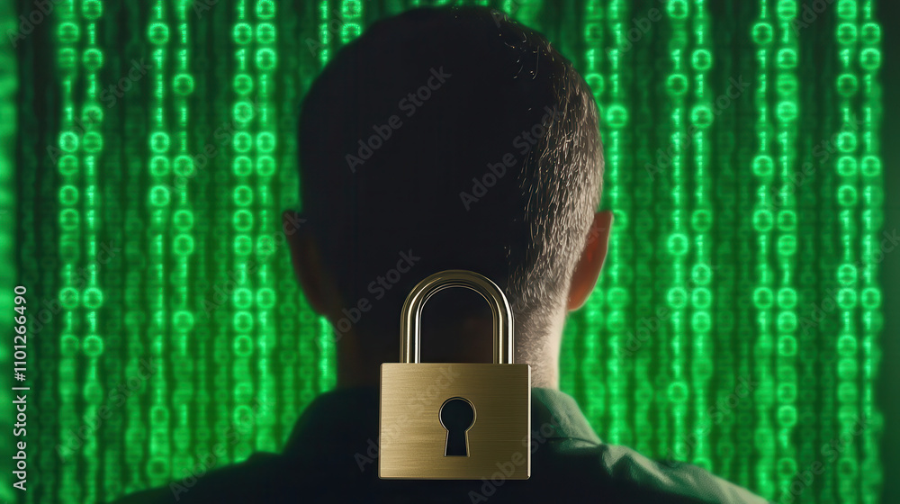 Aufkleber man silhouette stands against backdrop of green binary code, symbolizing digital security and privac