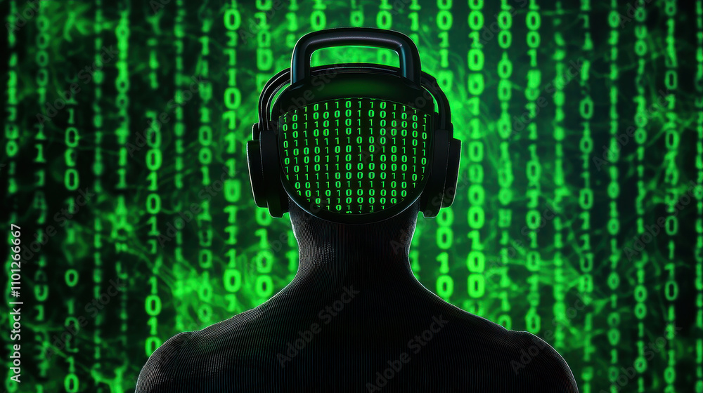 Poster silhouetted figure with headphones has head made of binary code, set against green matrix background