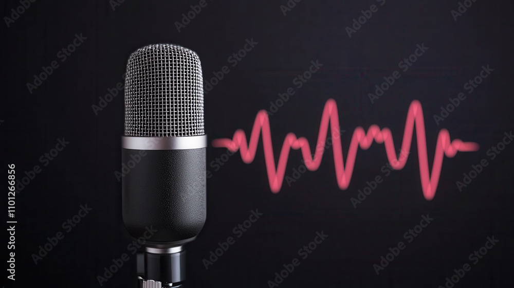 Poster close up of microphone on dark background with sound waves. this captures essence of audio recording