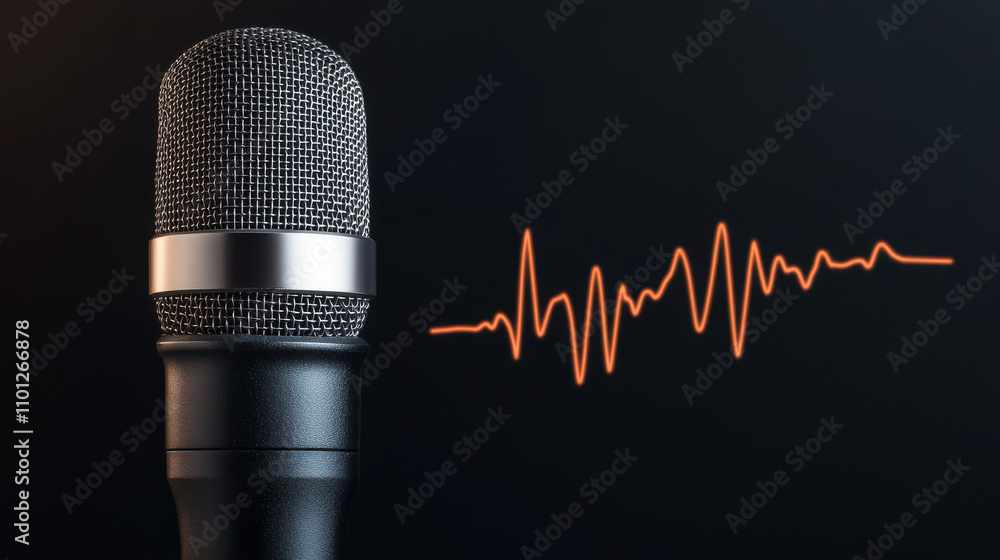 Poster close up of microphone on dark background with sound wave graphic, symbolizing audio recording and m