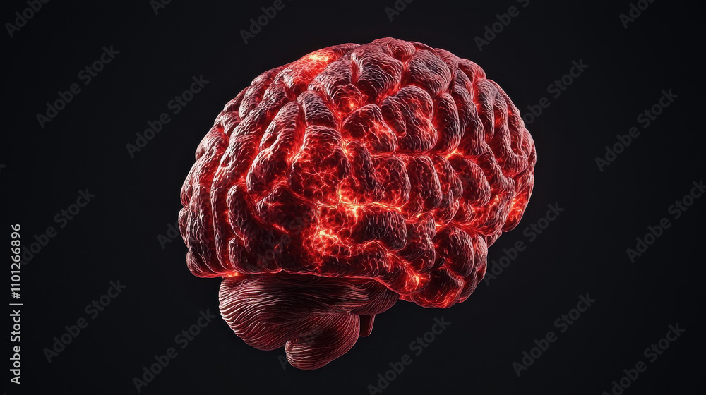 Poster 3d render of red glowing brain with intricate details on black background, showcasing neural connect
