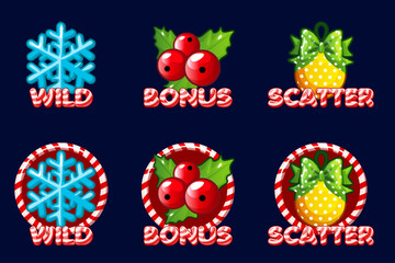 Set of symbols for Christmas Themed Slots- Bonus, Wild, and Scatter for your slot machine. New year icons- berry, Christmas boll and snowflake