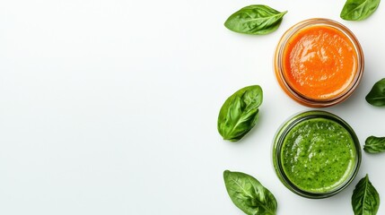 Obraz premium Vibrant green basil and rich orange tomato sauces in glass jars, surrounded by fresh basil leaves, displayed on a light background for contrast.