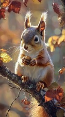 portrait Cute squirrel on the branch of a tree, autumn forest, sunny day,