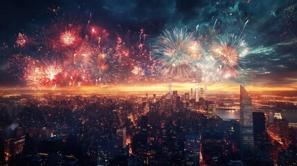 Aerial view of a cityscape under a sky full of exploding fireworks, vivid and detailed, 