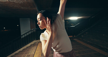 Japanese woman, outdoor and professional dancer at night for practice, training and choreography....