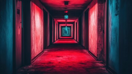 Fototapeta premium Crimson Passageway: A Surreal Corridor of Illumination