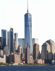 Modern architecture, varying building heights, blue waters in the foreground, and a clear white sky.