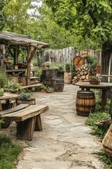 Naklejka premium Rustic wooden patio, barrels, stone path, lush garden.