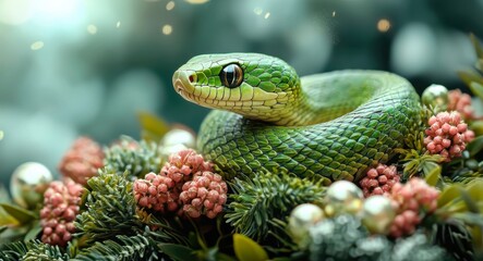 Fototapeta premium Green snake as a symbol of the new year 