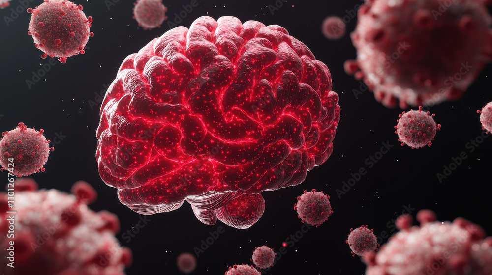 Poster 3d render of red glowing brain surrounded by virus like cells on black background, illustrating conn
