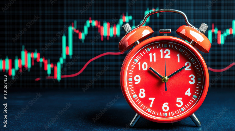 Poster red alarm clock with stock market graph in background, symbolizing time sensitive trading decisions 