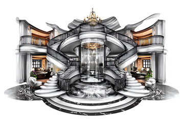 Elegant spiral staircase design luxurious home interior digital art sophisticated environment high-quality rendering