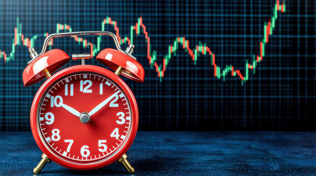 Red alarm clock with stock market graph in background, symbolizing time management in trading. vibrant colors evoke urgency and financial growth