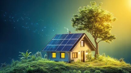 Eco-friendly house with solar panels on a hill, illuminated at sunset.