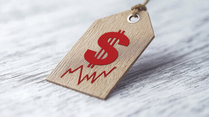 Wooden tag with red dollar sign and graph on white background, symbolizing financial growth and value