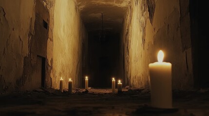 Illuminating the Darkness: Candles Guiding the Way Through an Ancient Corridor