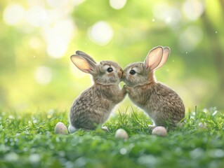 Obraz premium A pair of adorable baby rabbits nuzzling each other surrounded by green grass and soft bokeh lights, representing innocence and love.