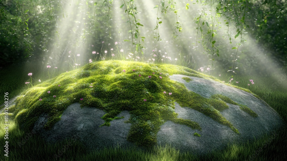 Poster a serene moss-covered rock illuminated by soft rays of light in a lush environment.