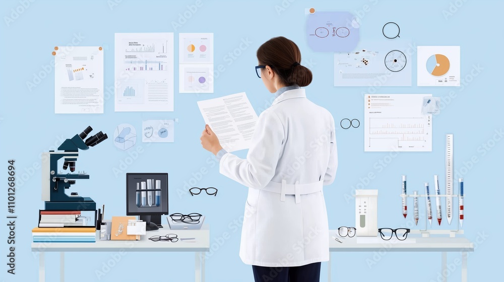 Poster scientist analyzing research data in a modern laboratory setting with equipment and documentation on