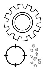 Large gear symbolizing process, crosshair target representing precision, and scattered coins emphasizing financial aspects. Ideal for business, technology, finance, strategy, goals, engineering