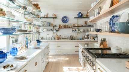 Stunning White Kitchen with Glass Shelves and Blue Decor