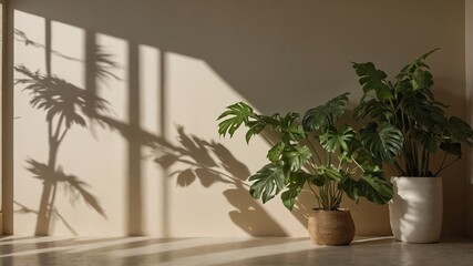 Fototapeta premium Beige wall with leaf shadows for product banner