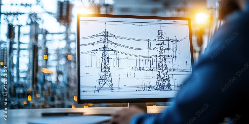 Poster an engineer is working on a computer displaying blueprints of power lines, with an industrial backdr
