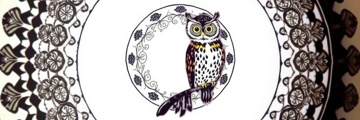 Obraz premium Intricate patterns adorn the body of a majestic owl within a circular frame, bird, feathers