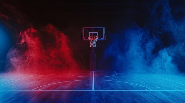 Basketball court and hoop background, front view, match atmosphere, red and blue color dust, dynamics.
