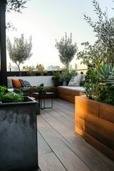 Fototapeta premium Serene rooftop garden with wooden planters and seating.