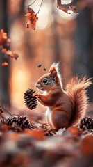 Obraz premium a cute squirrel was picking pine cones in the woods in autumn