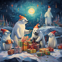 Polar Bears and Penguins in Holiday-Themed Winter Wonderland
