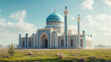Naklejka premium Majestic blue and white mosque in a serene field under a bright sky.