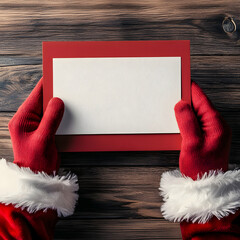 template ,postcard from Santa, letter to Santa Claus,Santa Claus, invitation ,Merry Christmas, New Year's holiday. Santa's hands are holding a red envelope, a postcard, a letter