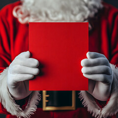 template ,postcard from Santa, letter to Santa Claus,Santa Claus, invitation ,Merry Christmas, New Year's holiday. Santa's hands are holding a red envelope, a postcard, a letter