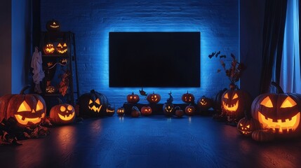 A dark room lit by glowing carved pumpkins, showcasing a spooky Halloween scene with blue backlight and chilling atmosphere for festivities.