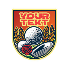 Golf game retro sport emblem. Golf ball and clubs vintage logo. Vector illustration.