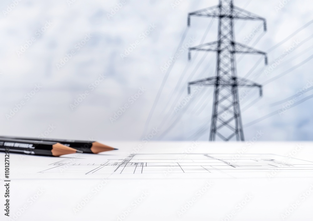 Poster a close-up of pencils resting on a technical drawing with a power line tower in the background, emph
