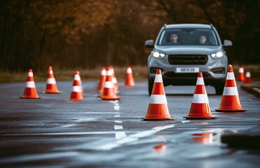 A car navigates a road surrounded by orange traffic cones, suggesting a driving course or safety training in a serene, wooded area.