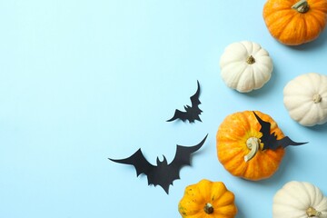 Different Halloween decorations including pumpkins, bats, confetti on color background