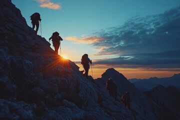 Fototapeta premium Hikers climbing rocky mountain slope during a sunset.