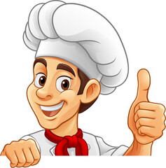 A chef or baker cartoon cook food man mascot character peeking around a sign or menu with copy space illustration