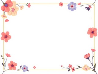 Minimalist wedding stationary background with large empty space, thin floral border in various colors on plain background, border, background