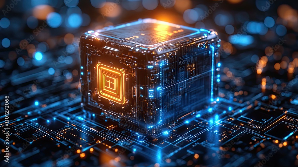 Poster safe box and blue glowing lines with blue structure lines rendering