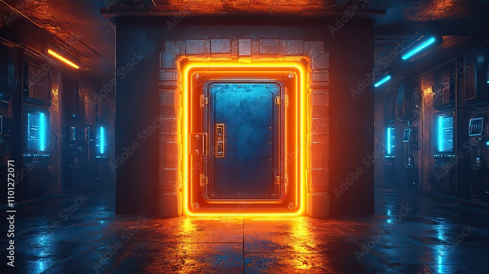 Poster safe box and blue glowing lines with blue structure lines rendering