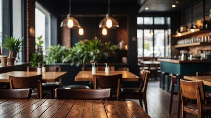 Blurred coffee shop interior with wooden table display
