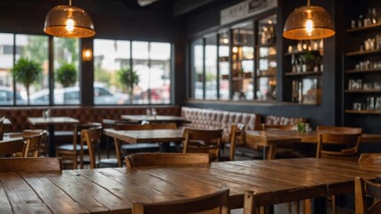 Fototapeta premium Blurred coffee shop interior with wooden table