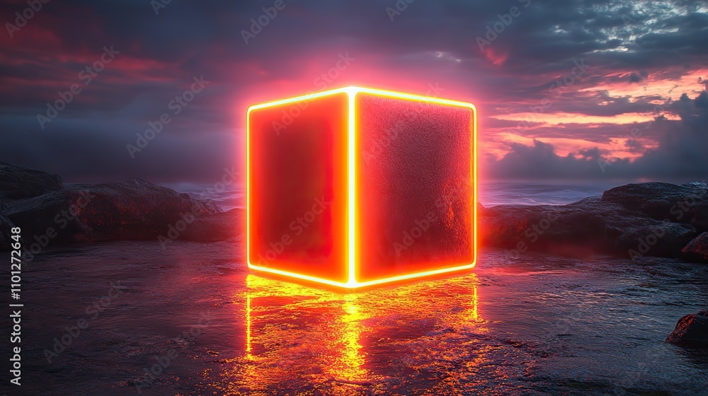 Poster safe box with glowing neon lights rendering